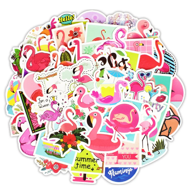 50PCS Pink Flamingos Sticker Cartoon Girl Stickers  Kids DIY Notebook Luggage Bicycle Guitar Laptop Stickers
