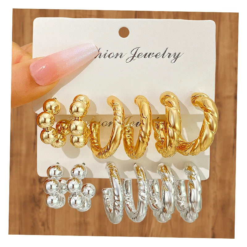 Vintage Style Gold Color Bead Earrings C Shape Design Twist Earrings Set for Women Jewelry Wholesale