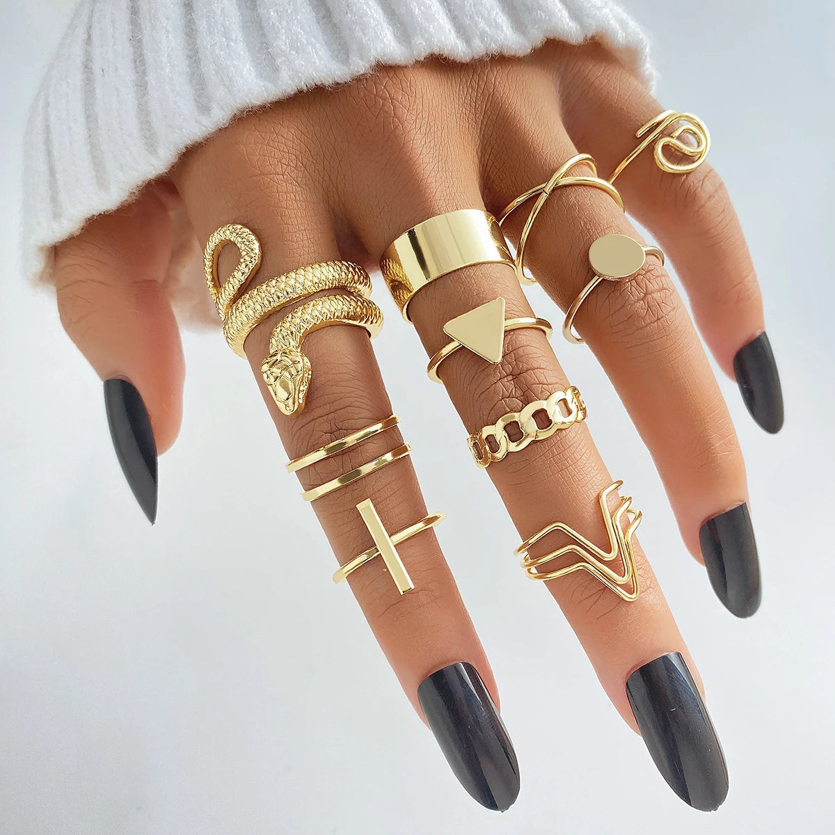 Fashion Punk Snake Knuckle Finger Ring Set Ladies Gold Plated Bulk Geometric Chunky Curve Stylish Opening Rings Jewelry Set