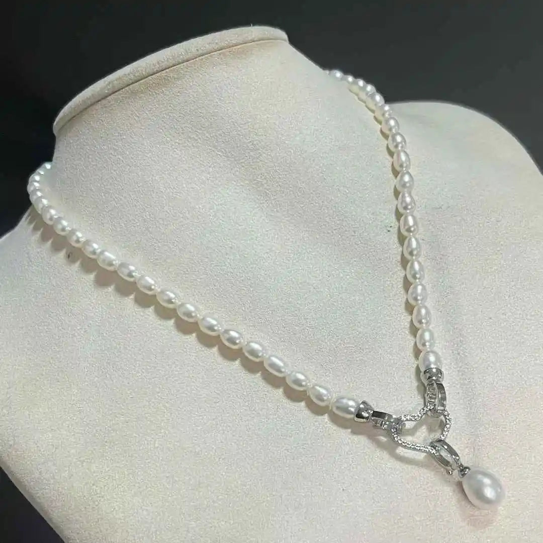 Love Buckle AAAA Silver Plated Trendy Necklace 5-6mm+9-10mm Strong Light Slight Flaw Natural Freshwater Rice Shaped Pearl