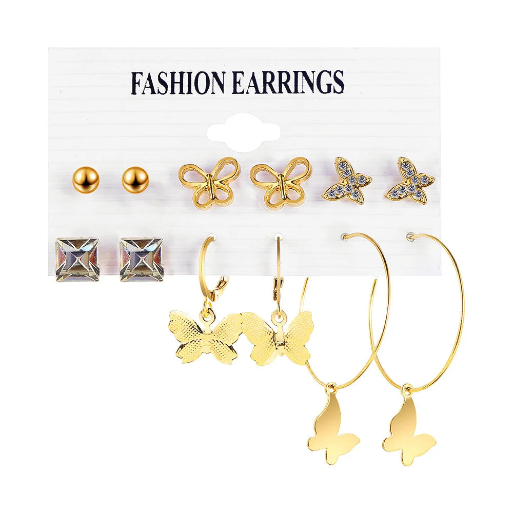 Vintage Creative 6Pcs/Set Pearl Butterfly Earrings Jewelry C Shape Earrings Crystal Heart Earrings