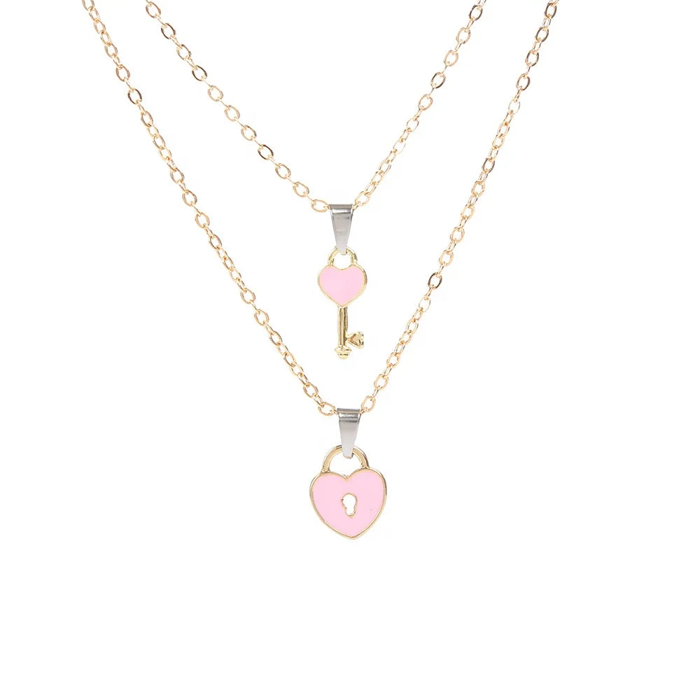 Fashion Simplicity Clavicle Necklace Small Key Heart Locket Necklace Gold Chain Gift Couple Necklace