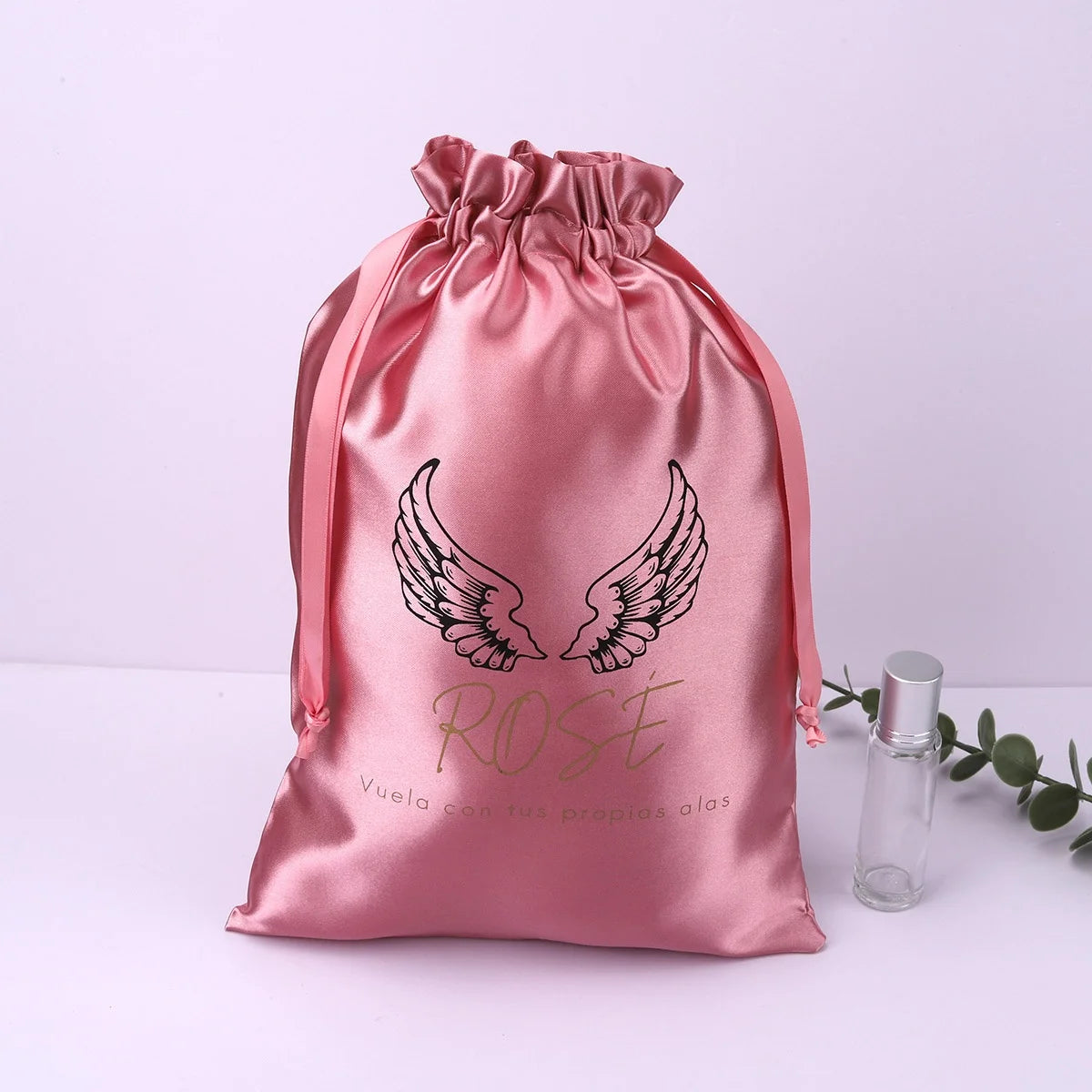 Luxury Custom Logo Printed Satin Hair Extension Wig Bundle Packing Bag Drawstring Dust Silk Pouch