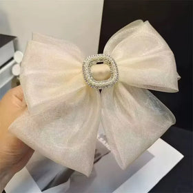 Custom Girls Elegant Hair Clip with Bling Paved Crystal Square Charm Handmade in Chiffon Fabric
