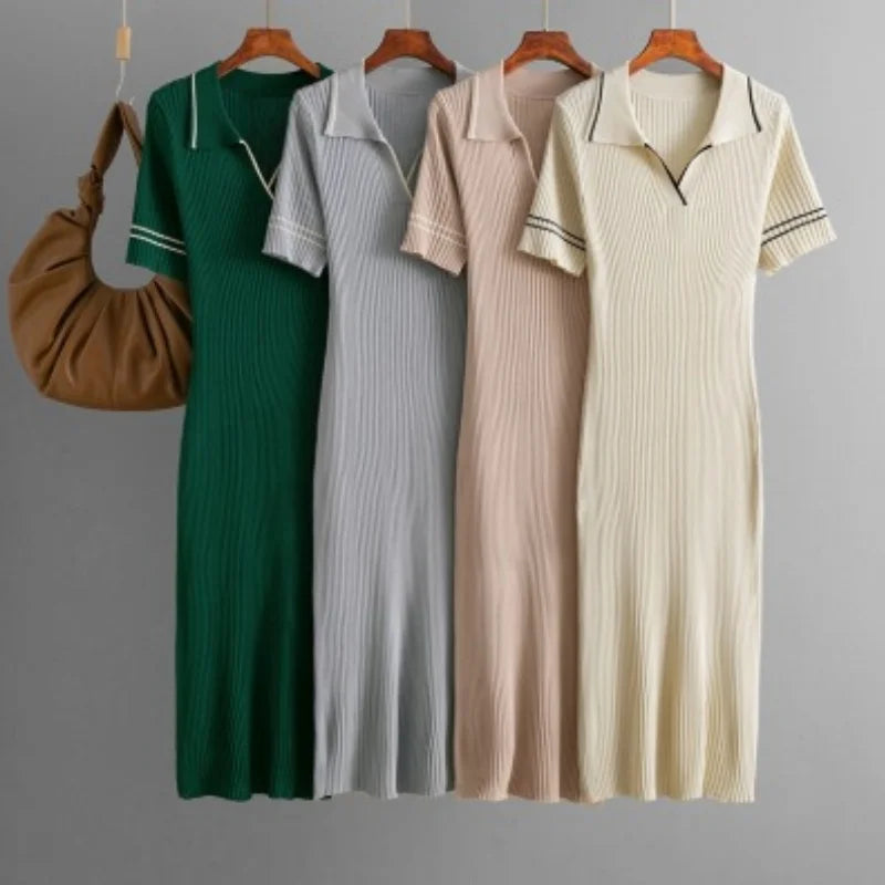 Ready to Ship Summer New Solid Color Lapel Polo Slim Fit Knit Short Sleeve Dress for Women