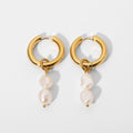 18k Gold Plated Stainless Steel Women Waterproof Double Freshwater Pearl Pendant Huggie Earrings
