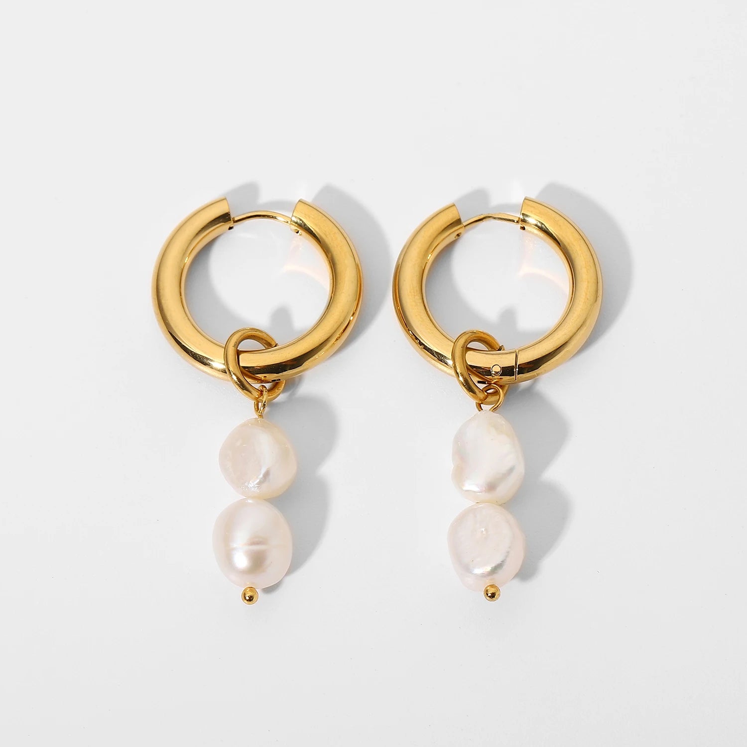 18k Gold Plated Stainless Steel Women Waterproof Double Freshwater Pearl Pendant Huggie Earrings