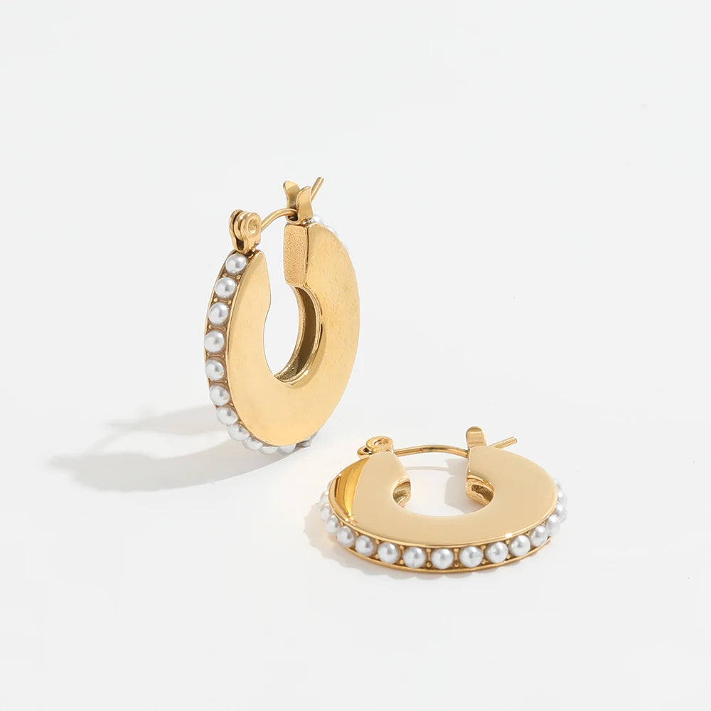 Trendy Earring 18K Gold Plated Luxury Cubic Zirconia Pearl Pave Chunky Stainless Steel Earring
