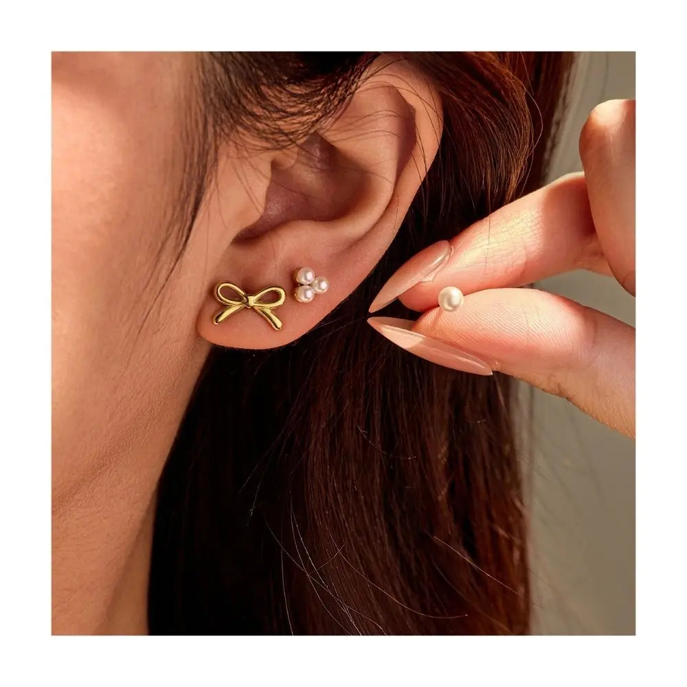 Wholesale South Korea Light luxury Senior Sense Bow Pearl Stainless Steel Earrings Set Women Fashion Cute Jewelry Accessories