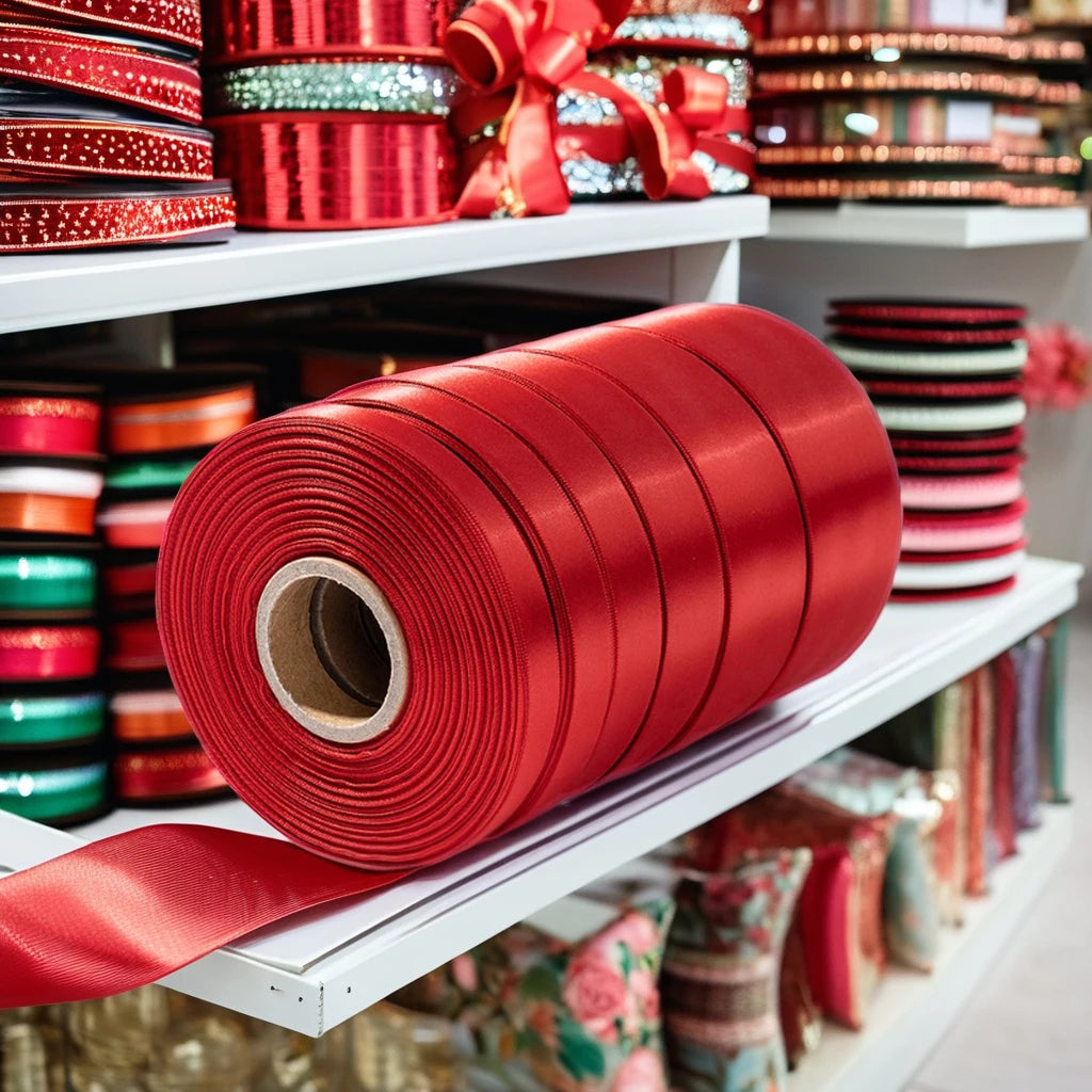 Oeko Tex 100yard Roll Red Single Face Recycled Polyester Satin Ribbon Eco-Friendly 100% Recycled Polyester Certified Oeko-Tex