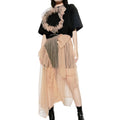 TWOTWINSTYLE Casual Patchwork  Colorblock T Shirt High Waist Sheer Mesh Midi Skirts Set