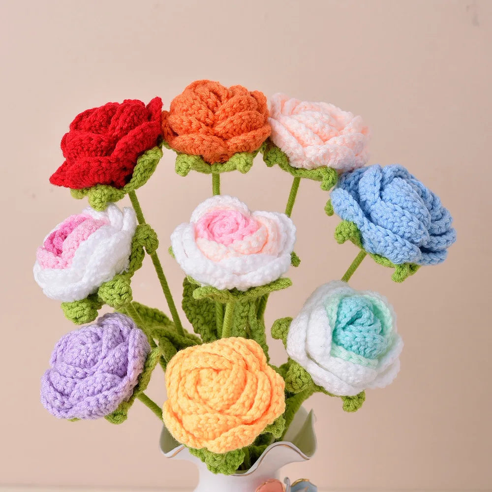 Home Decorations  Romantic Handmade Single Knitting Rose Flower Women Crochet Red Rose for Girl Gift Wedding Bouquet
