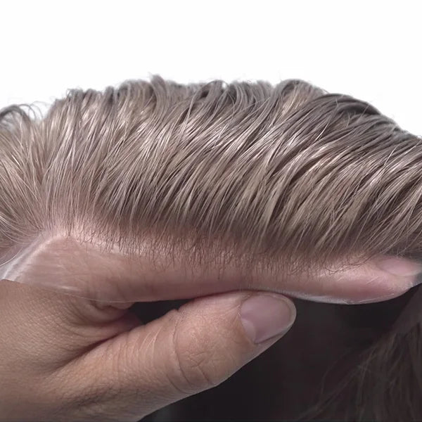 Large Stock Natural Wave 0.06mm Indian Human Hair Toupee 8x10 Size with Thin Poly Skin Base V-Loop Knots and PU Technique