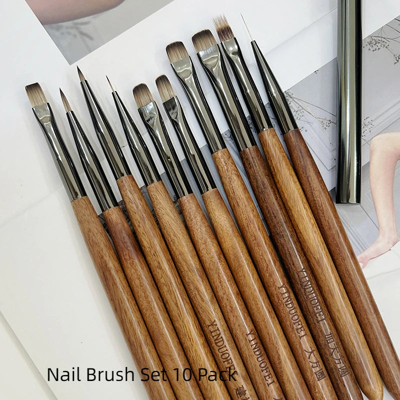 New Nail Art Brush Suite 10-Piece Wooden Nail Phototherapy Pen with Large Square & Round Drawing Brush for Manicure