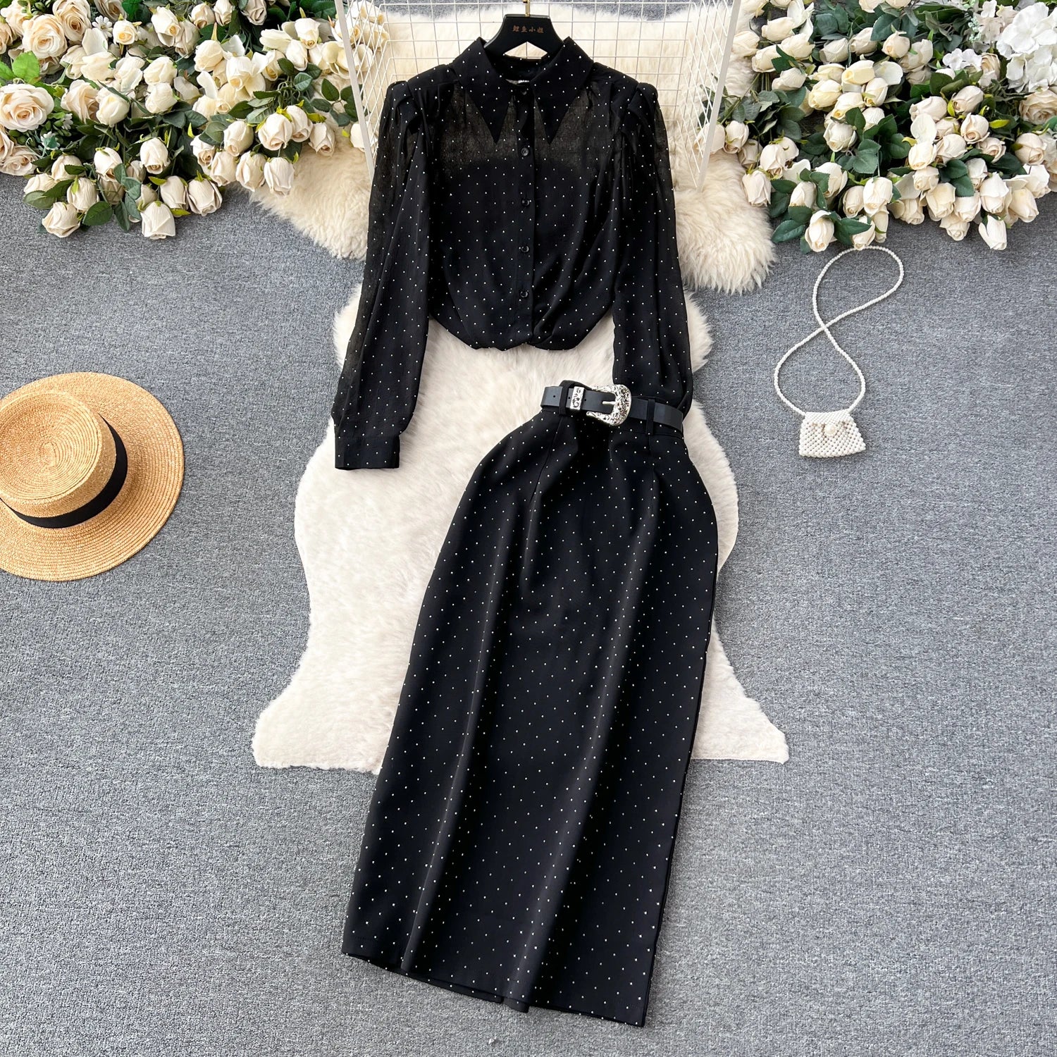 Plus Size Autumn Romantic 2 Piece Set for Women Puff Sleeve Top and High Waist DOT Skirts Set Ropa Wholesale