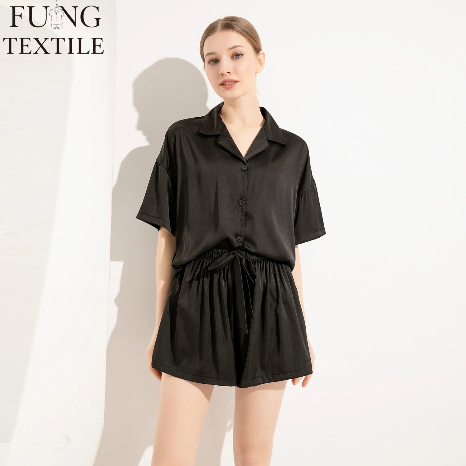 FUNG 6035  Women Sleepwear Short Sleeve Wholesales Satin Pajamas Set Two Piece  Pyjamas Set Button Suit for Women