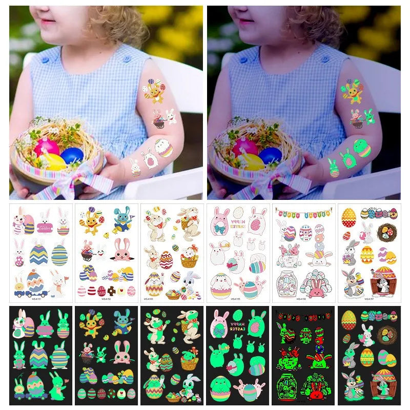 Easter Celebration Bunny Eggs Waterproof Luminous Glow in the Dark Custom Temporary Tattoos for Children Kids Tattoos Stickers