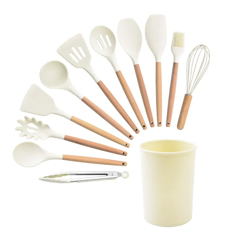 Heat Resistant Kitchen Silicone Cooking Spoons Utensil Set BPA Free Non-Stick Silicone Kitchen Utensils with Wood Handle