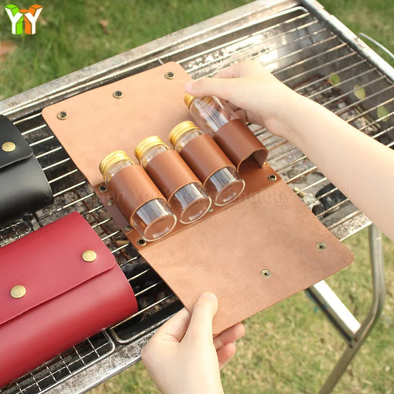 Portable Camping Seasoning Bottle Storage Bag with 4 Cans PU Leather Condiment Jar Holder Camping Hiking Picnic Accessories