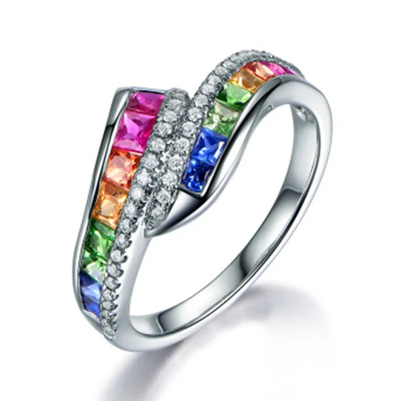 CAOSHI Rainbow Colorful Zirconia Stone Twist Rings Fashion Copper Jewelry Silver Plated Women CZ Ladies Eternity Rings Wedding