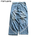 Custom Embroidery Logo Stacked Sun Faded Oversized Flared Jeans Wide Leg Men Distressed Acid Wash Baggy Striped Denim Pants Men