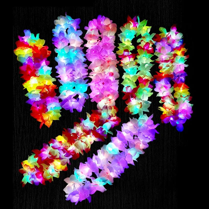 Led Hawaiian Leis Party Decoration Light up Rainbow Flower Leis for Luau Party Christmas Hawaiian Lei Necklace