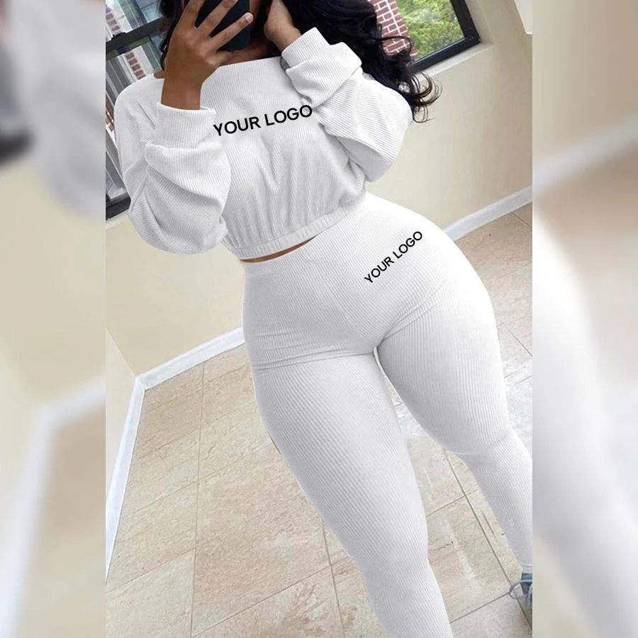 Custom Letter Embroidery Skinny Label 2-Piece Set Women's XL Workout Sporty Ribbed Basic Sweatshirts Leggings Casual Fabric