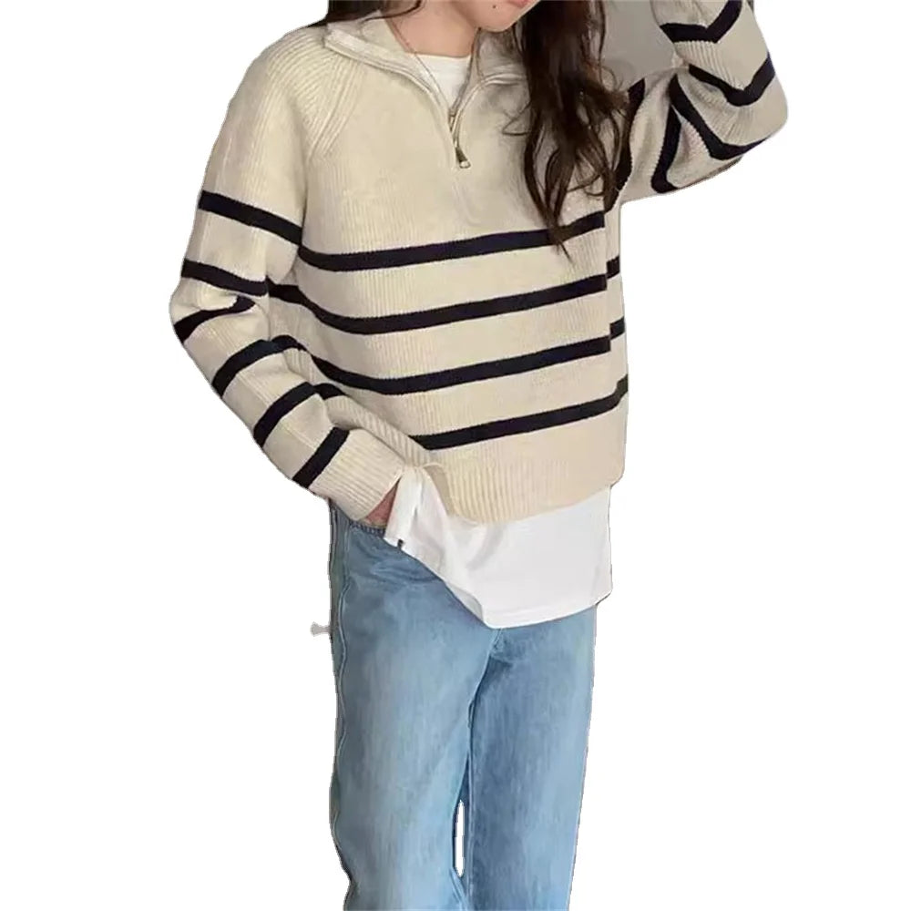 Wholesale Fashion Autumn Sweater Knitted  Women Pullover Sweater Striped Women's Sweater With Zipper