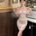 Women's French Neck Hanging Mesh Heavy Industry Buttocks Wrapped Diamond Dress