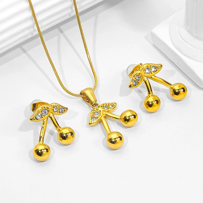 JUSNOVA 18k PVD Gold Plated Stainless Steel CZ Cherry Jewelry Set Female Waterproof Non-tarnish Necklace Earrings Wholesale