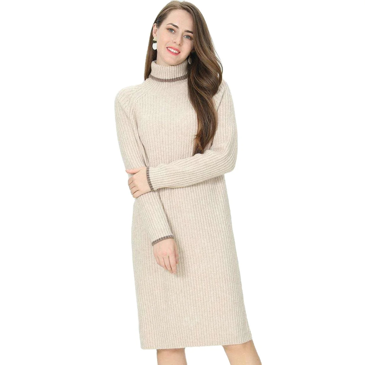 Custom OEM & ODM New Design Long Sleeve Rib Knit Skirt Winter Turtleneck Sweater Dress Skirt