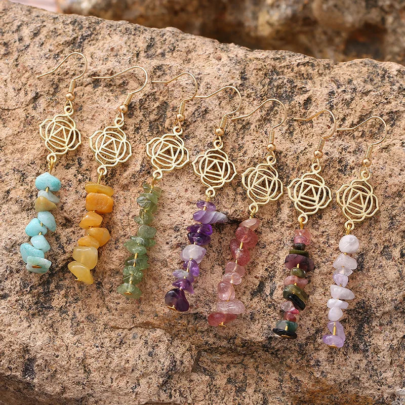 Bohemian Multicolor Fashion Natural Gemstone Raw Irregular Tassel Quartz Chips Earring Healing Crystal Drop Earring Hook Earring