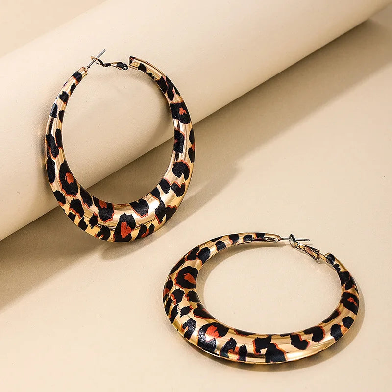 Jachon Fashion Exaggerated Gold Leopard Print Stainless Steel Earrings Geometric Metal Hoop Earrings for Women