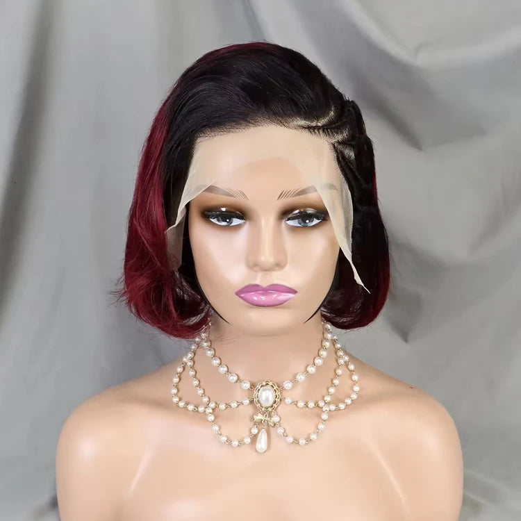 1B99J Colored Braided Hair Pixie Wig 13x4 Lace Full Frontal Brazilian Human Hair Pixie Wave Wig