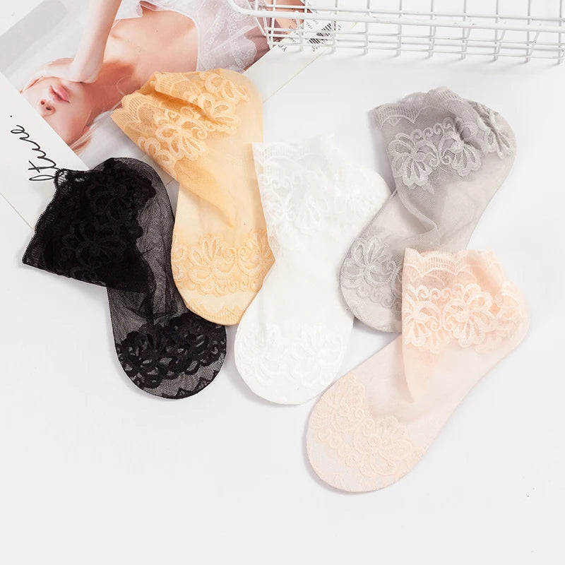3 Pairs/set Summer Women's No Show Socks Black Thin Lace Short Socks  Invisible Hidden Liner Non Slip Low Cut  Socks