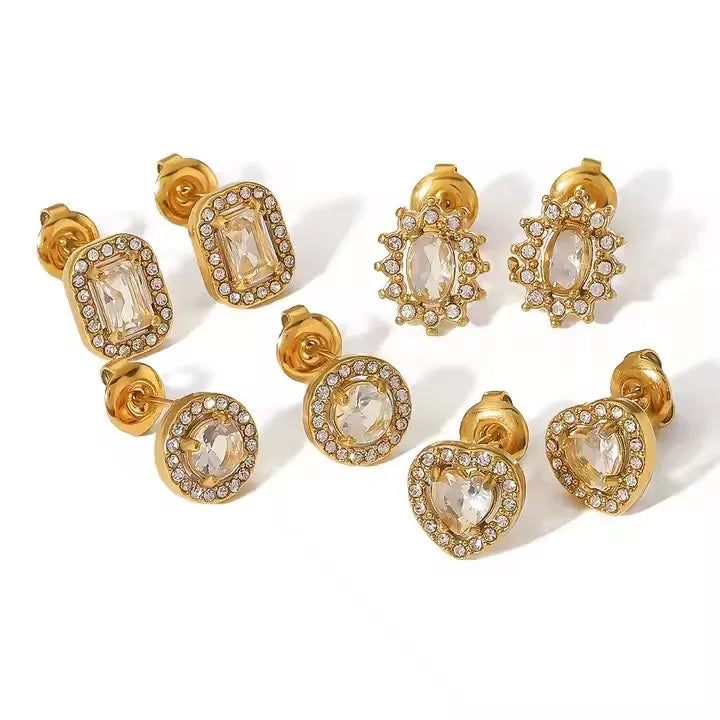 Geometric Shape Cubic Zirconia Stainless Steel 18k Gold Plated Diamond Stud Earrings for Ladies