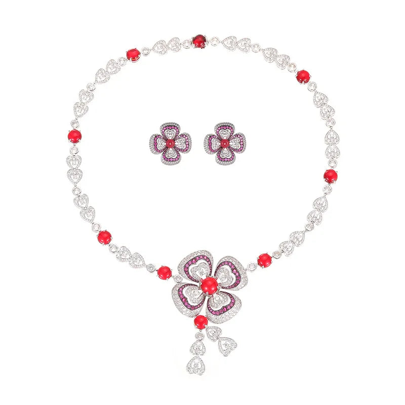 New Fashion Bridal Jewelry Sets Red Ruby Flower Design Jewelry Sets Zirconia Diamond White Gold Jewelry Set for Wedding Party