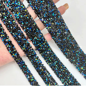 Tongshin Black AB Resin Rhinestone Ribbon Crystal Strip Trimming for Shoes & Bags Motif Hotfix Technique Wholesale Roll
