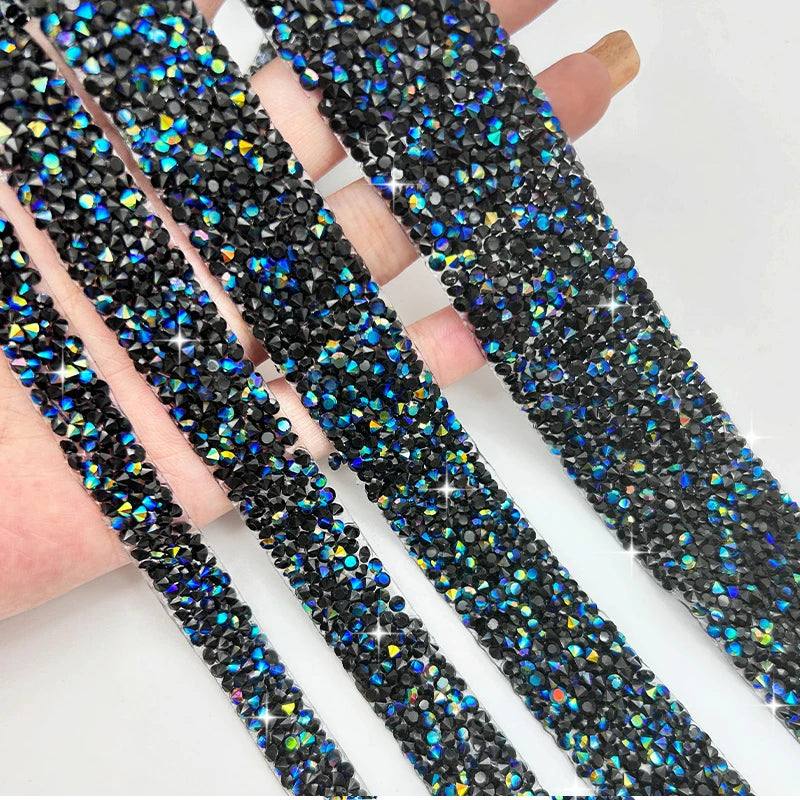 Tongshin Black AB Resin Rhinestone Ribbon Crystal Strip Trimming for Shoes & Bags Motif Hotfix Technique Wholesale Roll