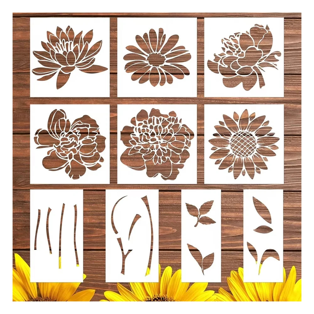 Large Peony & Sunflower Wall Painting Stencils Set PET Hollow Plastic Template for DIY Decorative Use Wholesale