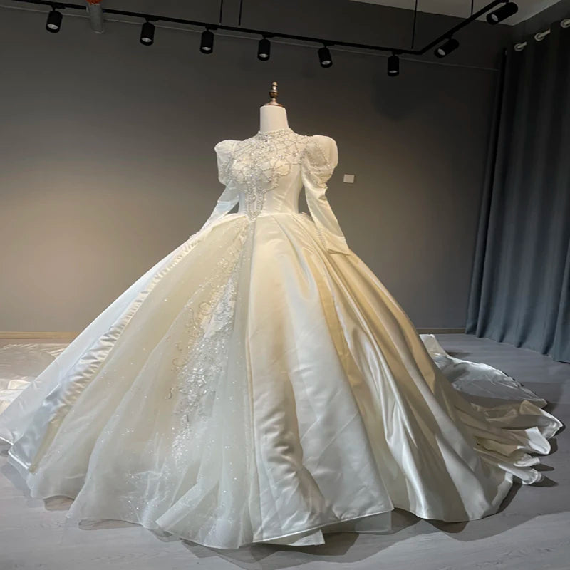 1815 New Style Trailing Wedding Dress for Bride Long Sleeve Open Back Wedding Dress