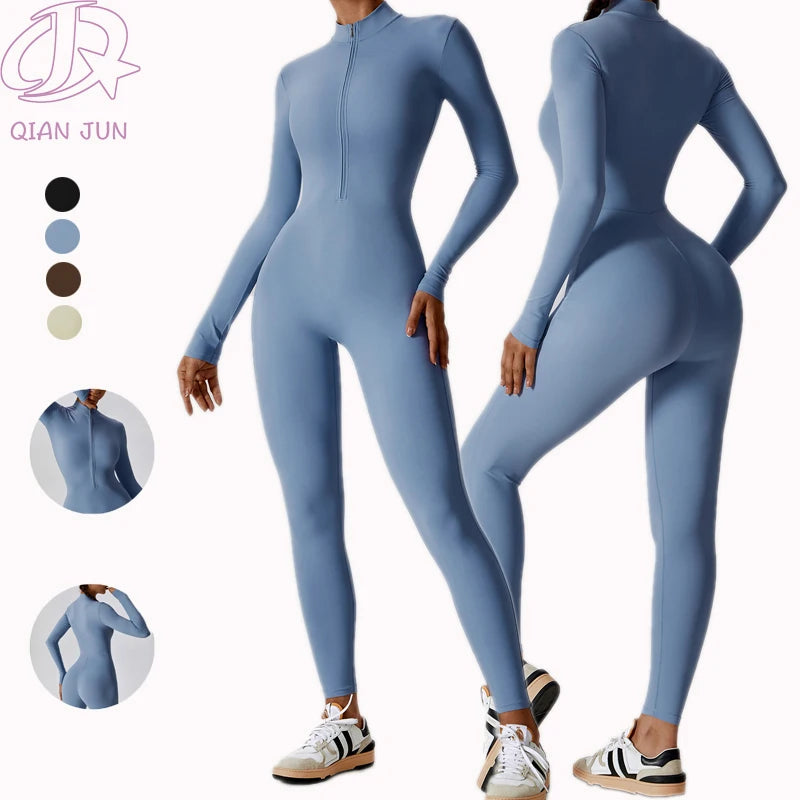 New Women Gym Wear Zipper One Piece Jumpsuit Yoga Clothing Slim Sports Elastic Solid Color Breathable Jumpsuits