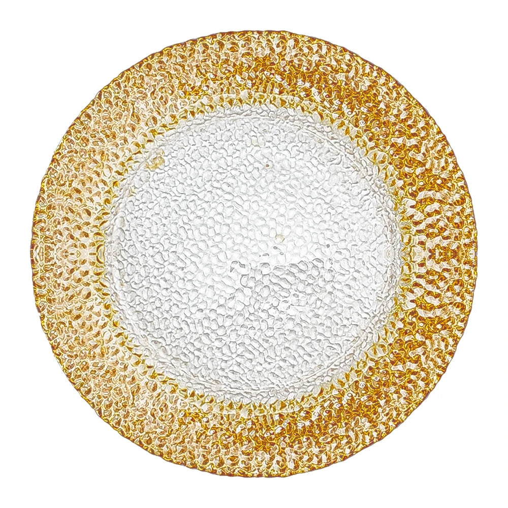 Luxury Elegant Gold Chargers Plate Glass Wedding Orange Rim Gold Trim Clear Honeycomb Shape for Event Party