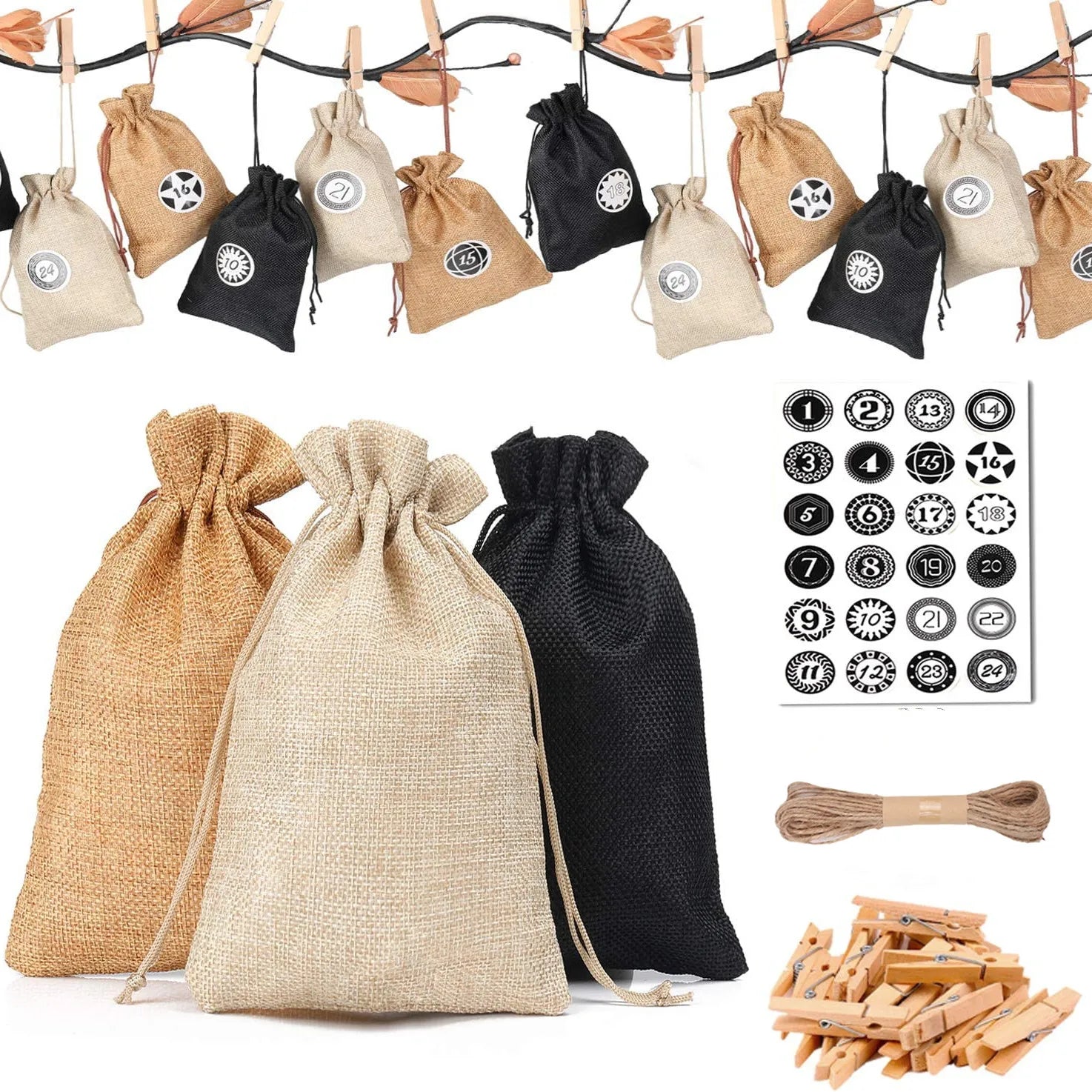 Christmas Advent Calendar Bag Home Decoration 24 Days Christmas Countdown Burlap Bags