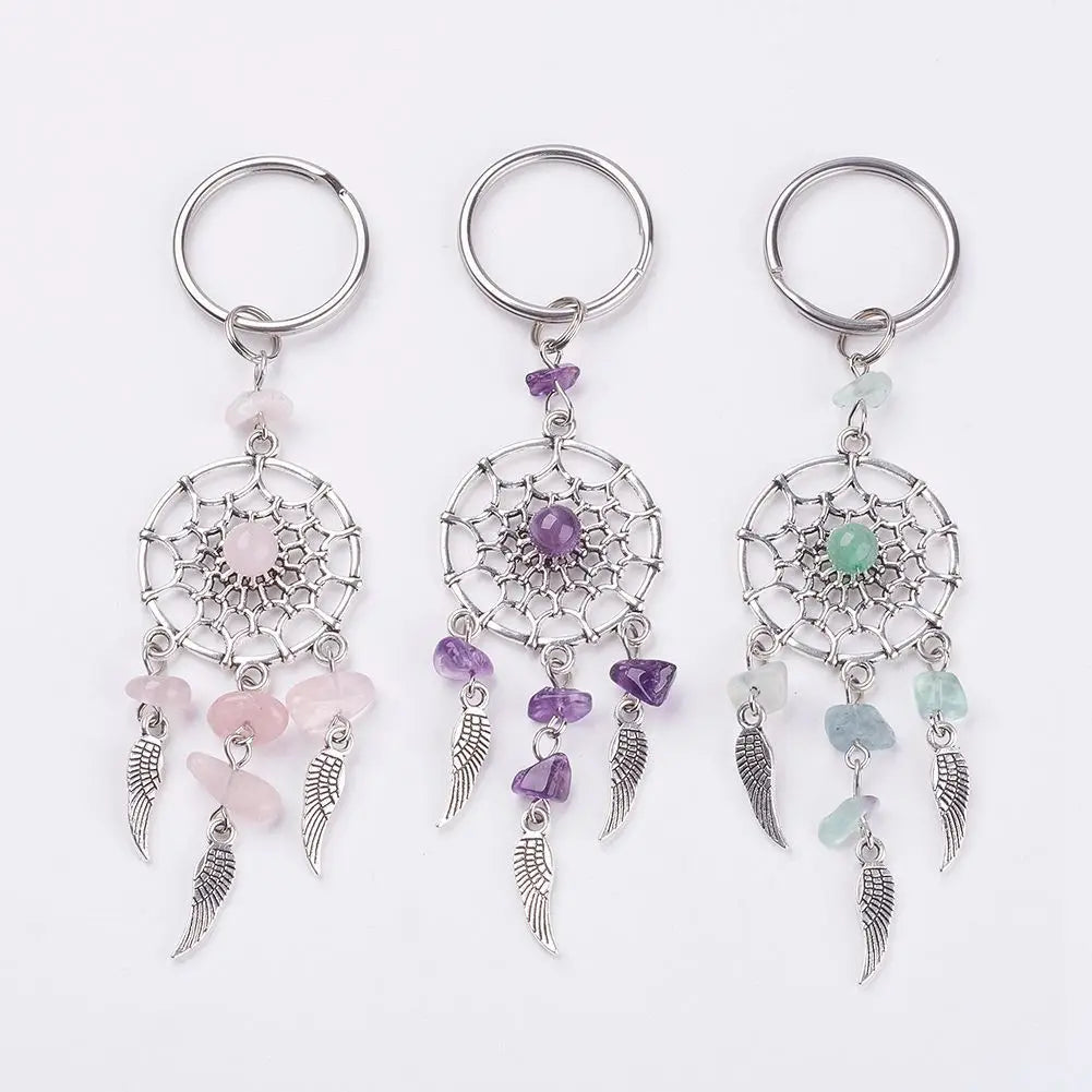 Natural Crystal Gravel Alloy Dream Catcher Metal Key Chain Dream Catch Tassel Pendant DIY Key Ring