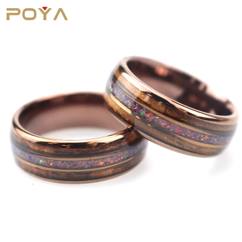Vintage 8mm Polished Domed Coffee Color Tungsten Ring With Wood Colorful Fire Opal Inlay