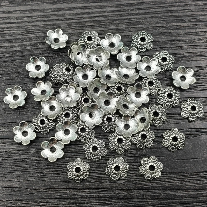 50pcs/lot 8mm Beads Charms Antique Silver Plated Color Flower Shape Bead End Findings for Women Jewelry Making Bead