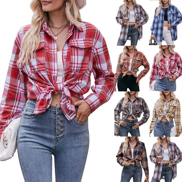 Autumn and Winter's Best Selling Women's Loose Plaid Blouse Long Sleeve Blouse for Women Lady Casual