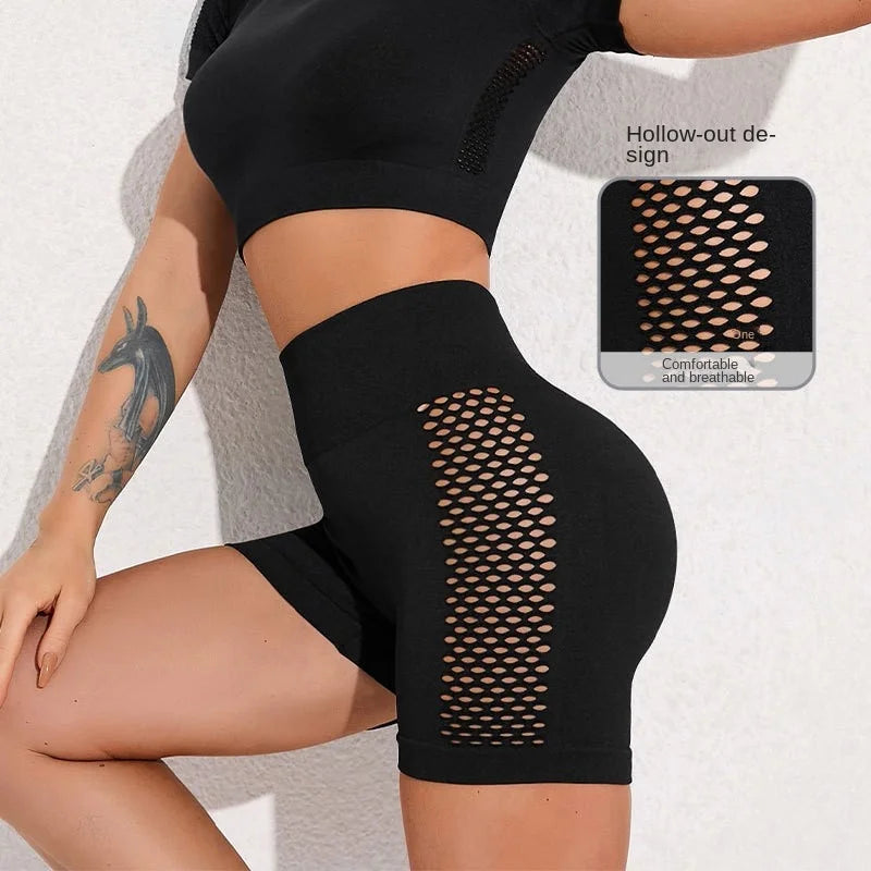 Women's High Waisted Tight Hollow Out Mesh Biker Yoga Gym Running Shorts