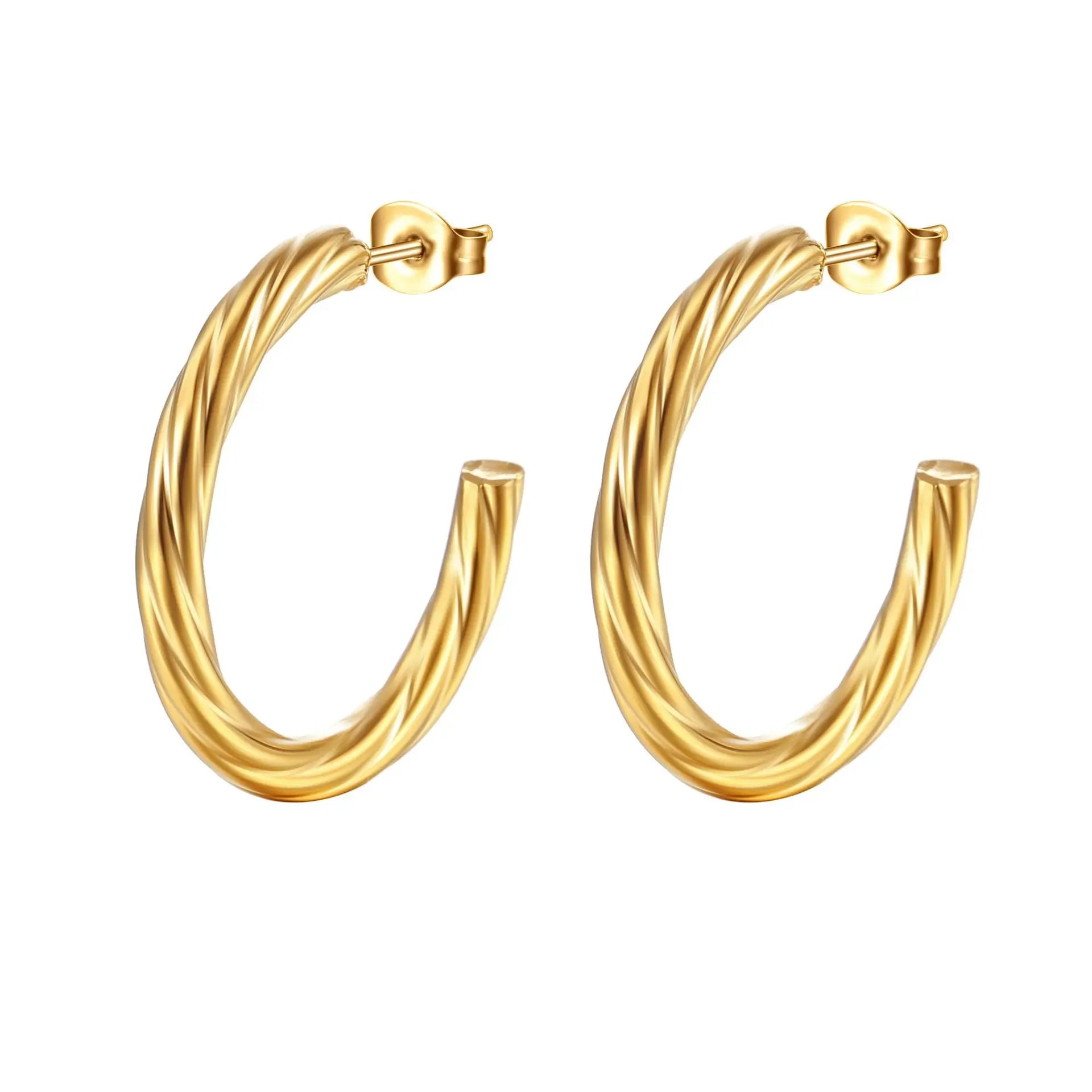 18k Gold Plated Stainless Steel Women Waterproof Chunky Jewelry C-Shaped Big Hoop Earrings for Women